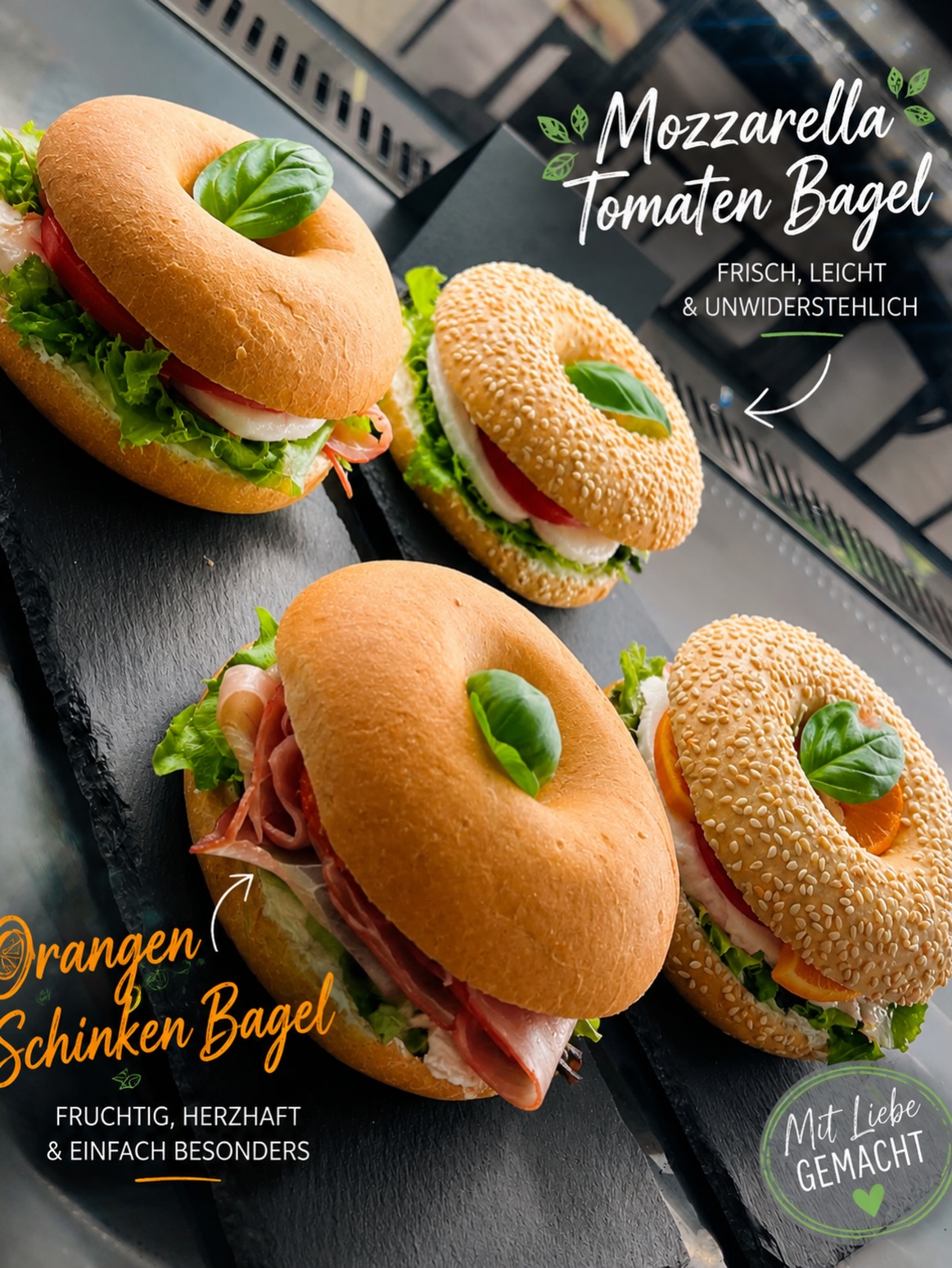 Mozzarella-Tomaten- und Orangen-Schinken-Bagels